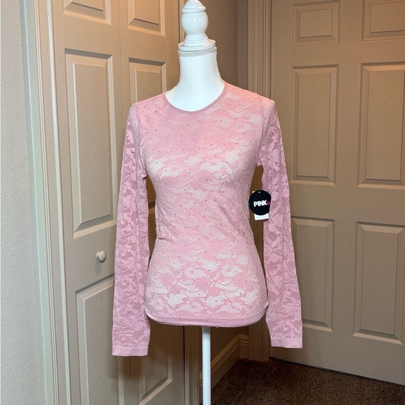 Pink Dot Tops - “Pink Dot” Rhinestone Embellished Mesh-like Top in pink. NWT Size Large